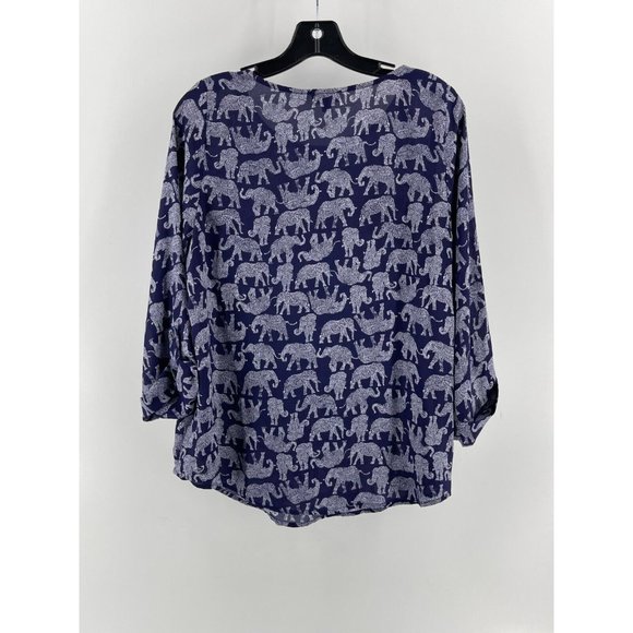Mix by 41 Hawthorn Navy Blue Elephant Print Long Roll Tab Sleeve Top Shirt Small - Picture 4 of 12